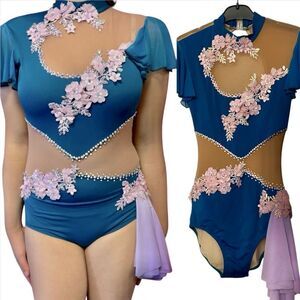 Custom made solo dance costume teal blue modest rhinestoned mesh lyrical SA